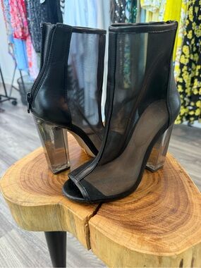 Aldo Black Mesh Peep-Toe Clear Block Heel Booties